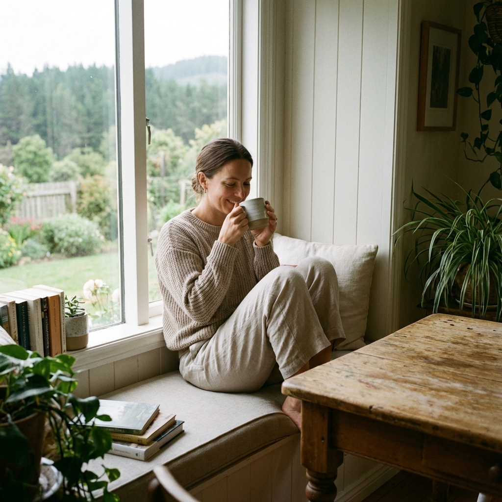 woman sitting in window