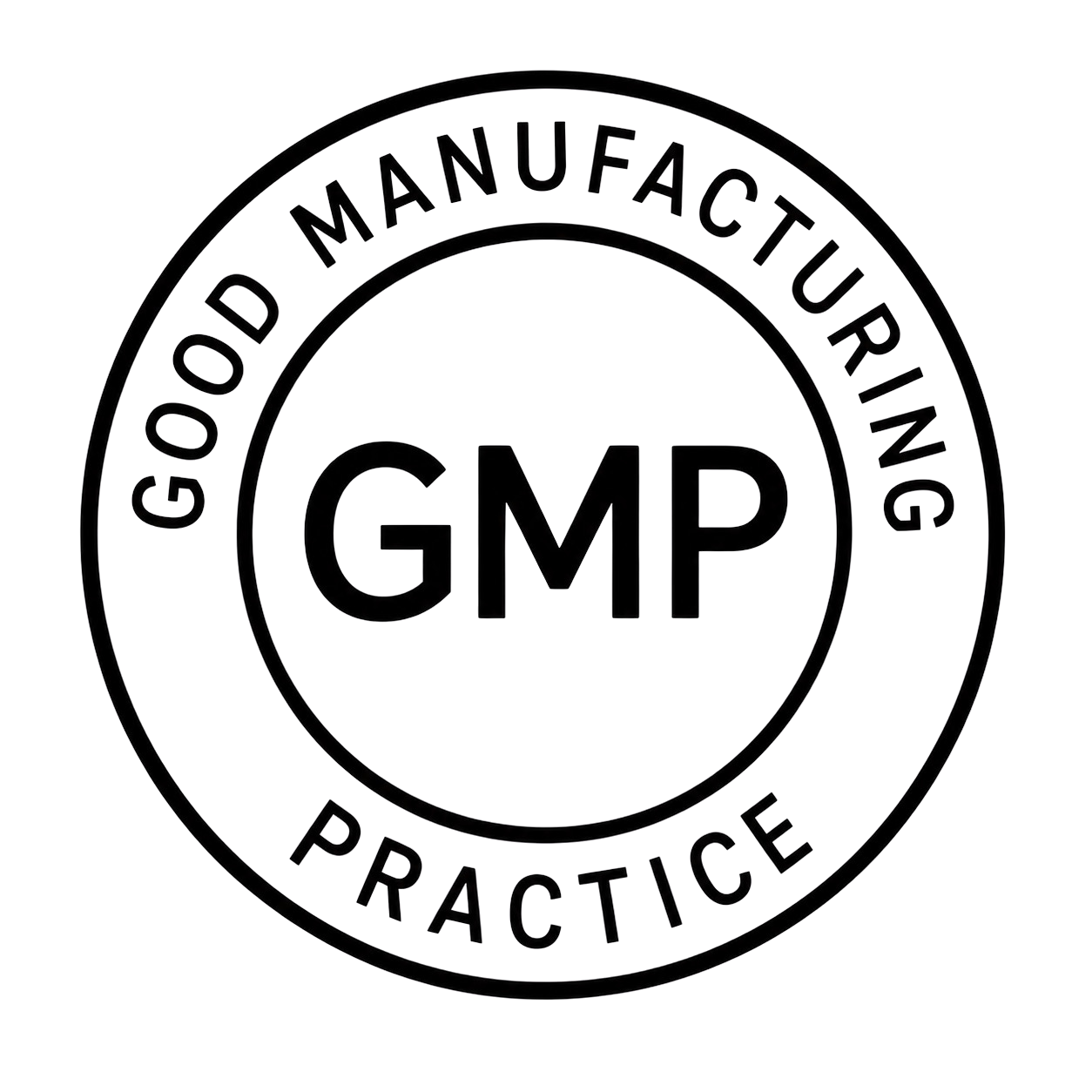 Circular logo with 'Good Manufacturing Practice' text on a white background