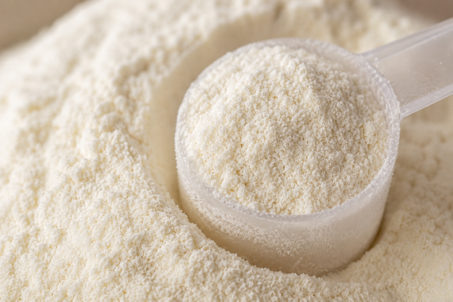 Close-up of a translucent plastic scoop filled with fine off-white powder, set in a bed of the same powder.