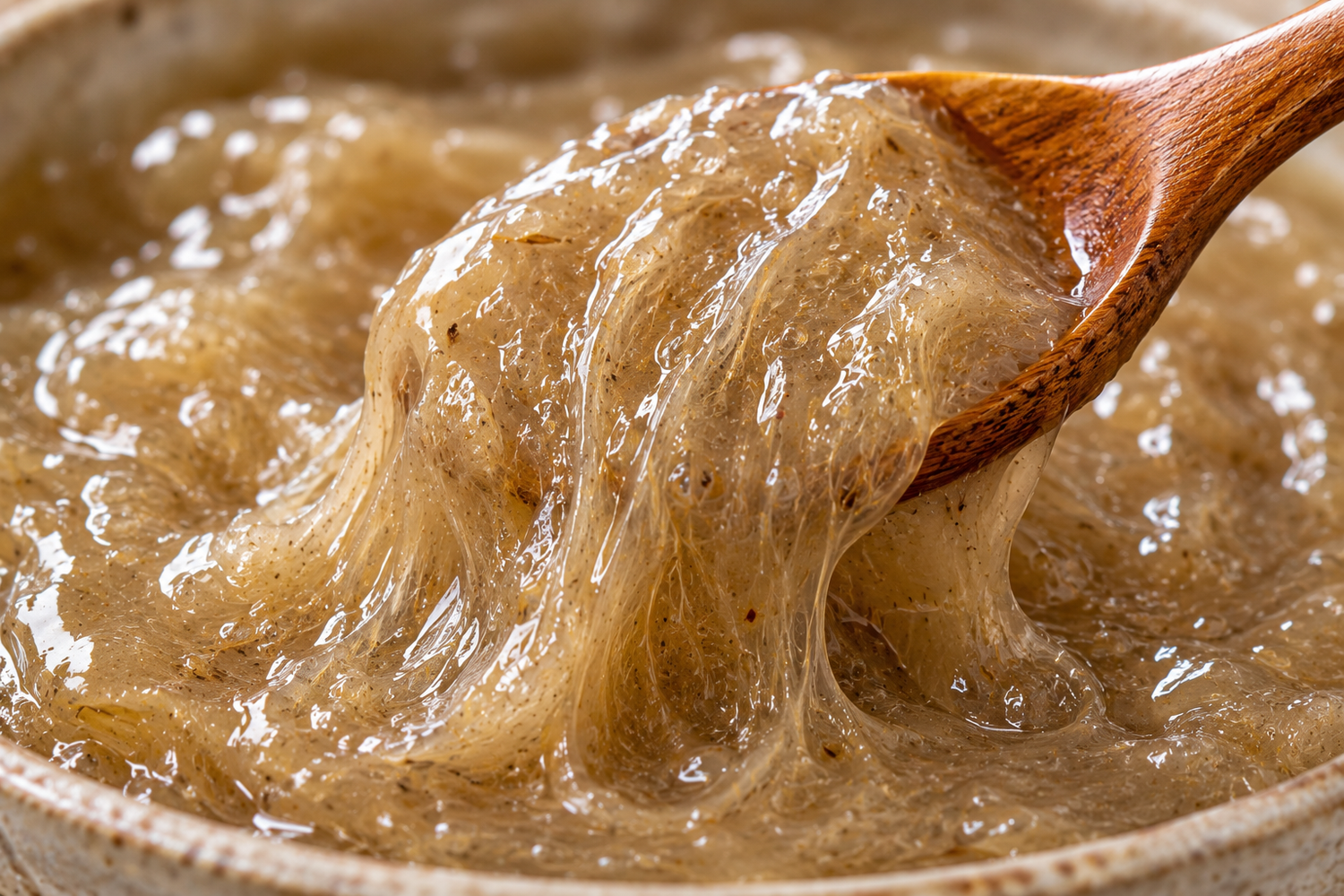 A close-up of a thick, translucent brownish-beige gel or starch being lifted by a wooden spoon from a ceramic bowl.
