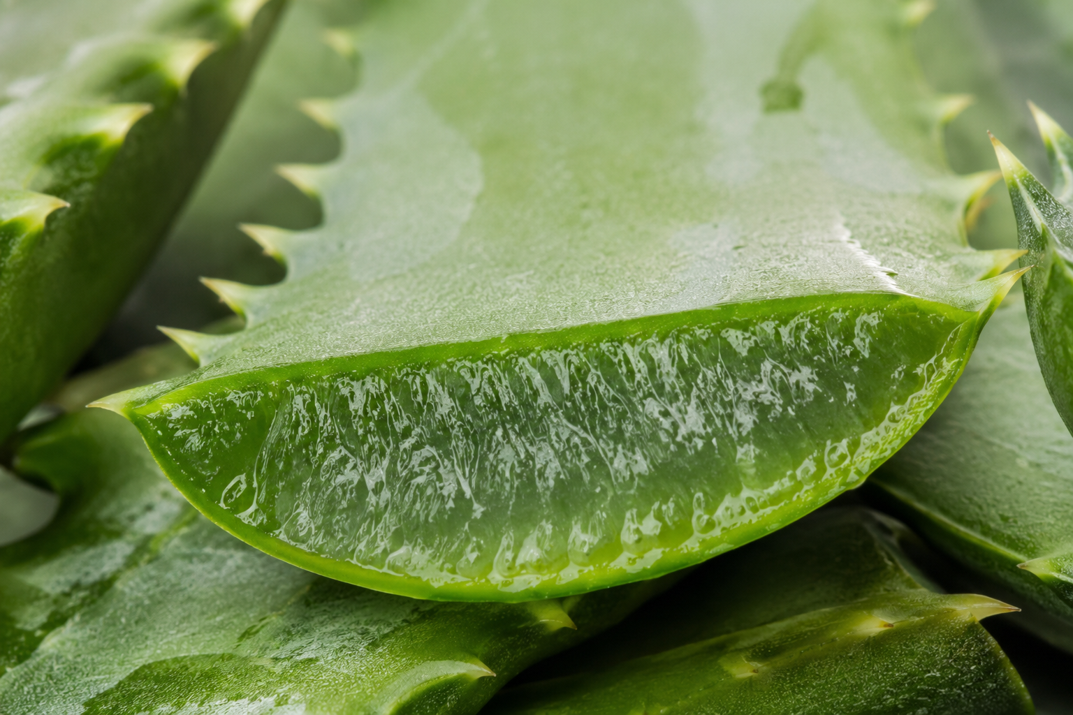 Close-up of a green aloe vera plant with clear gel on leaves for vaginal dryness