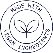 Circular logo with 'Made with Vegan Ingredients' text and a leaf symbol.