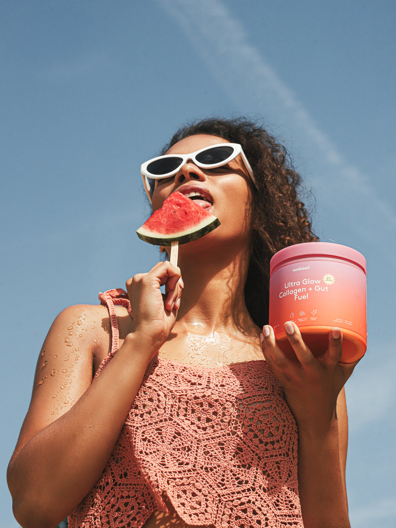 Ultra Glow collagen powder mixed into zero sugar berry lemonade drink