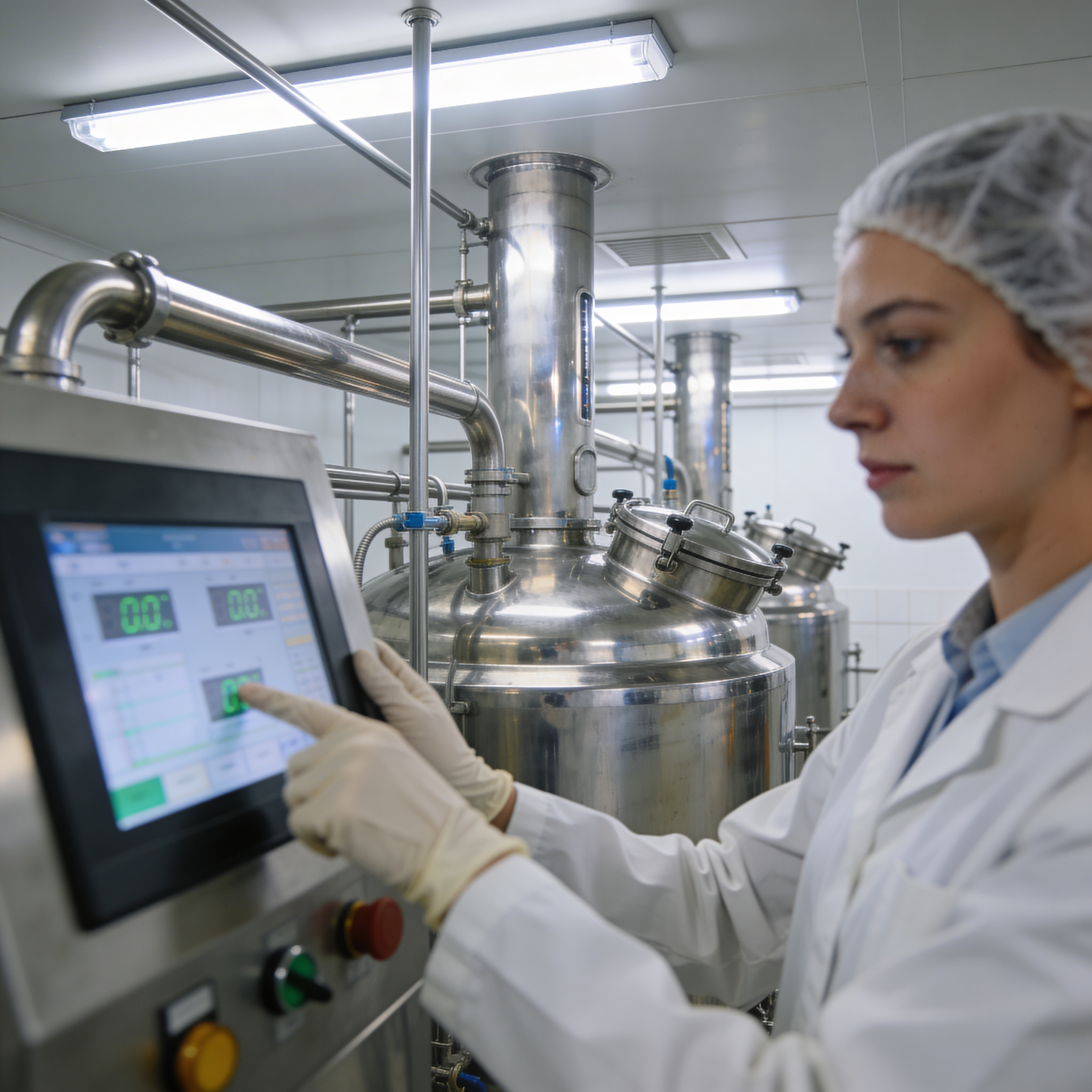 Person in a lab coat interacting with a machine in a industrial setting