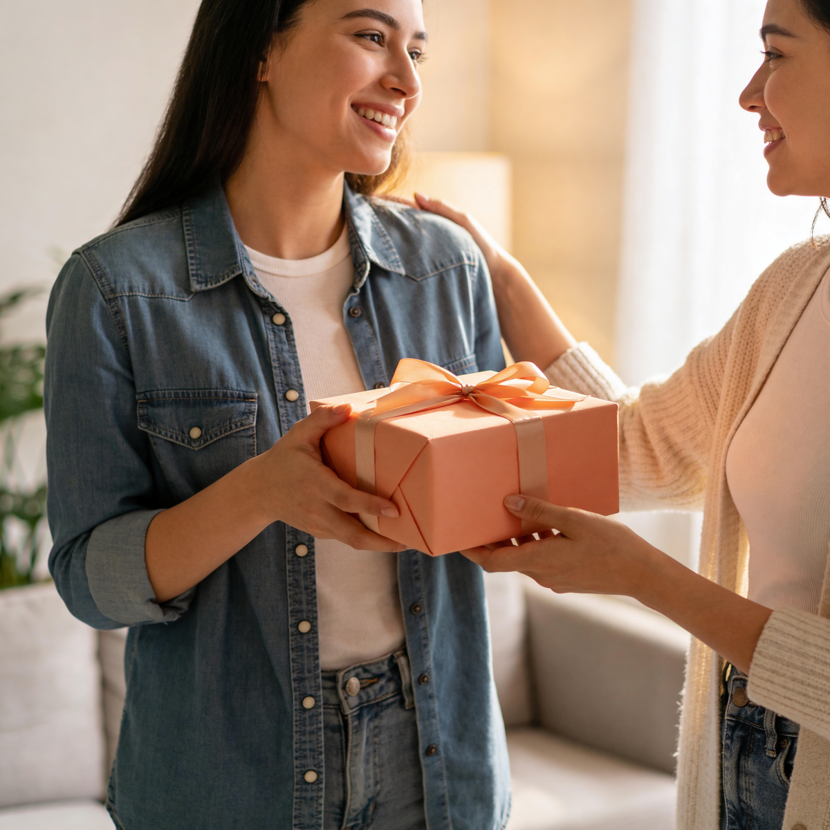 Two women exchanging a gift box with an orange ribbon in a cozy indoor setting.