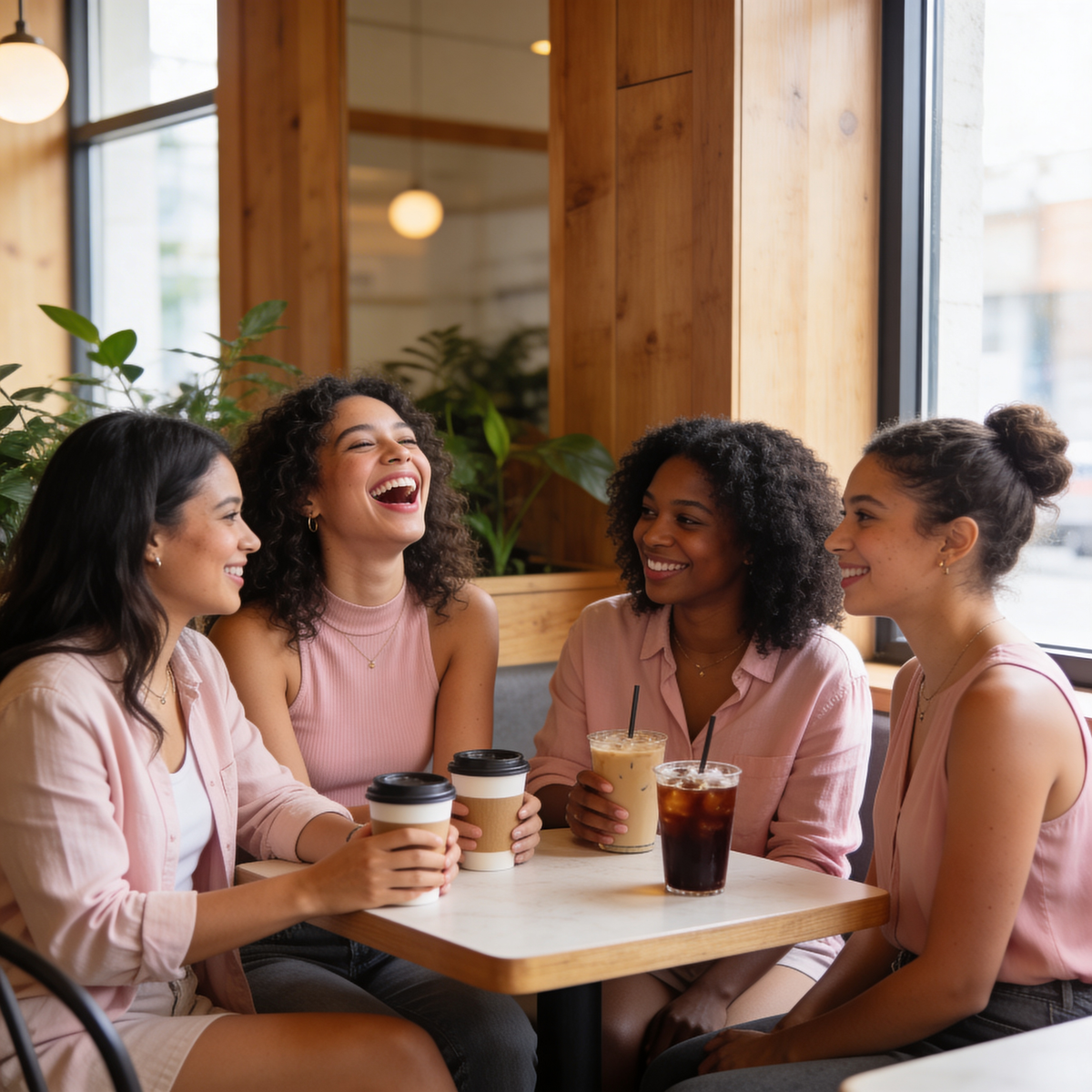 Four women sitting at a table in a cafe, enjoying drinks and conversation.