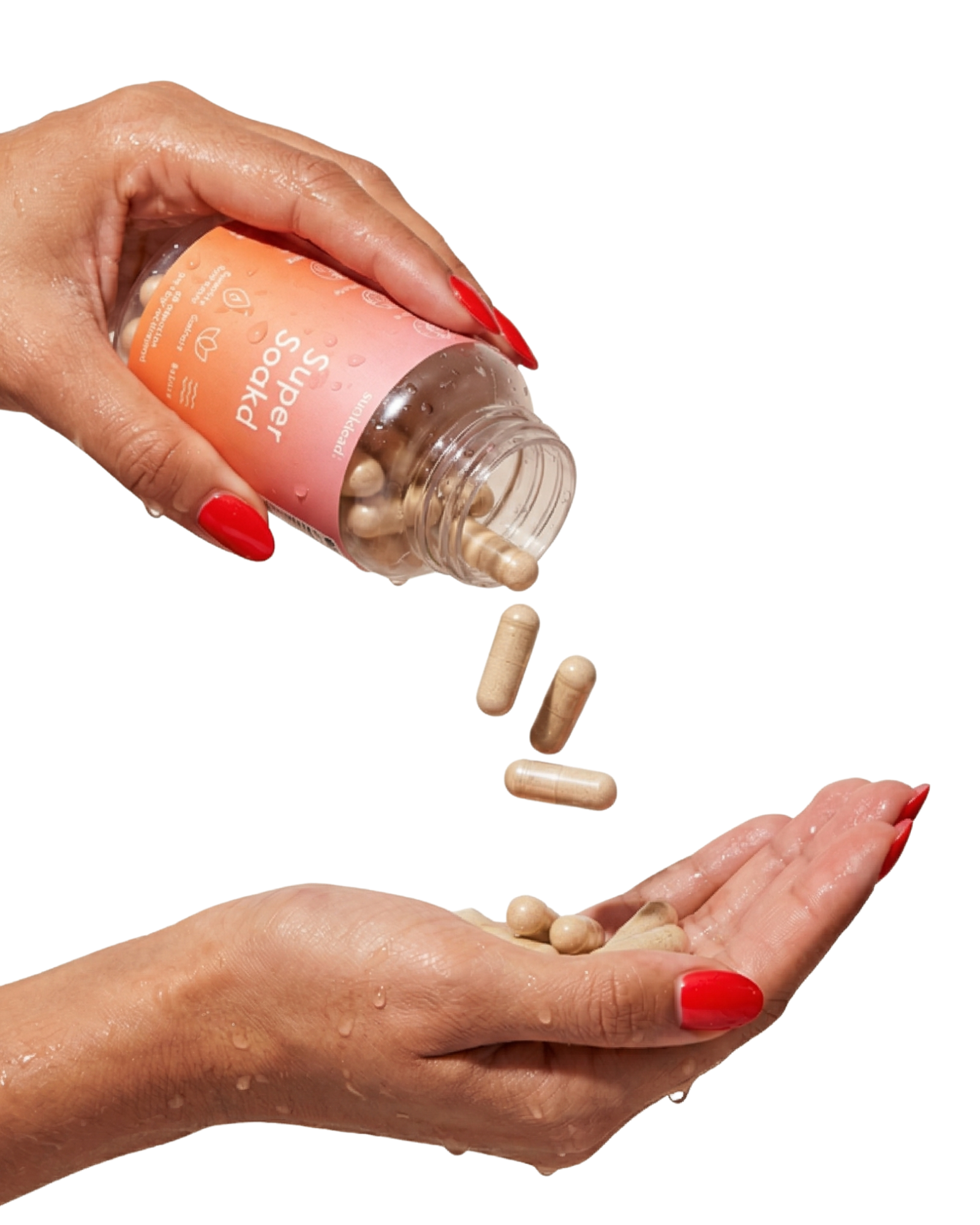 Person pouring supplements from a bottle into their hand on a white background