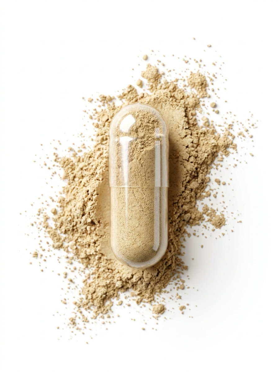 Capsule filled with beige powder on a white background