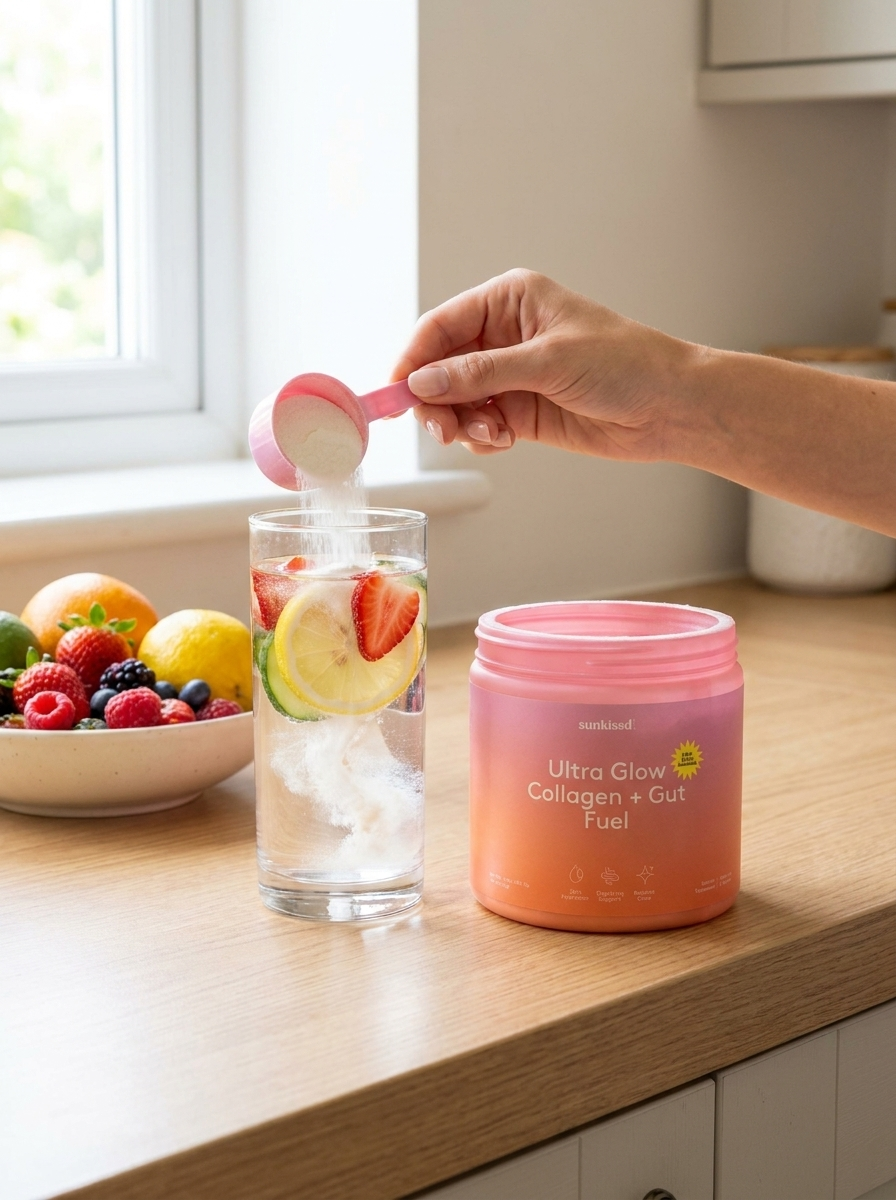 A person's hand uses a pink scoop to add powder into a glass of water on a kitchen counter, next to a pink and orange jar labeled 'Ultra Glow Collagen + Gut Fuel'.