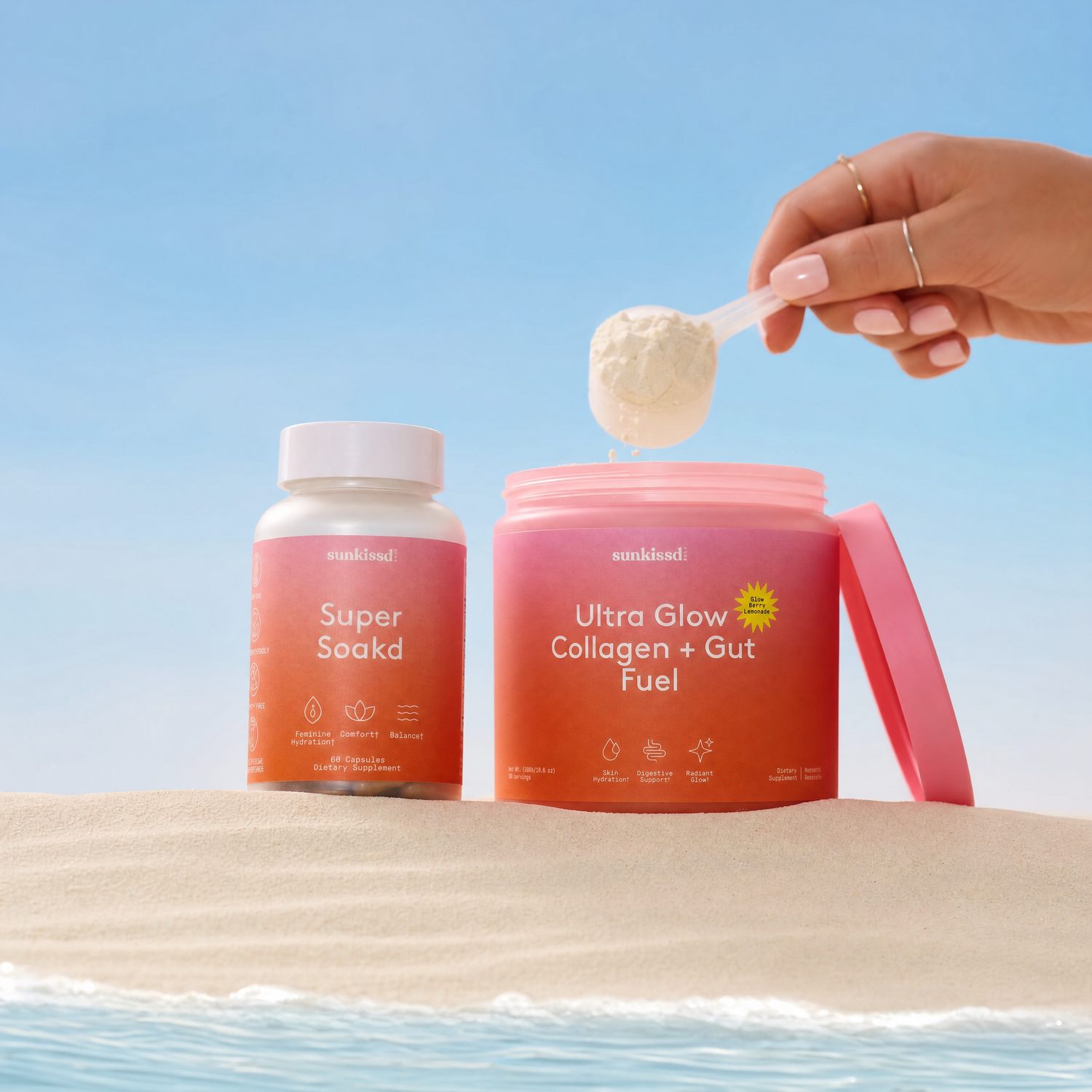 Ultra Glow collagen powder mixed into zero sugar berry lemonade drink