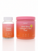 Super Soakd capsules and Ultra Glow Collagen + Gut Fuel on a sunlit beach.